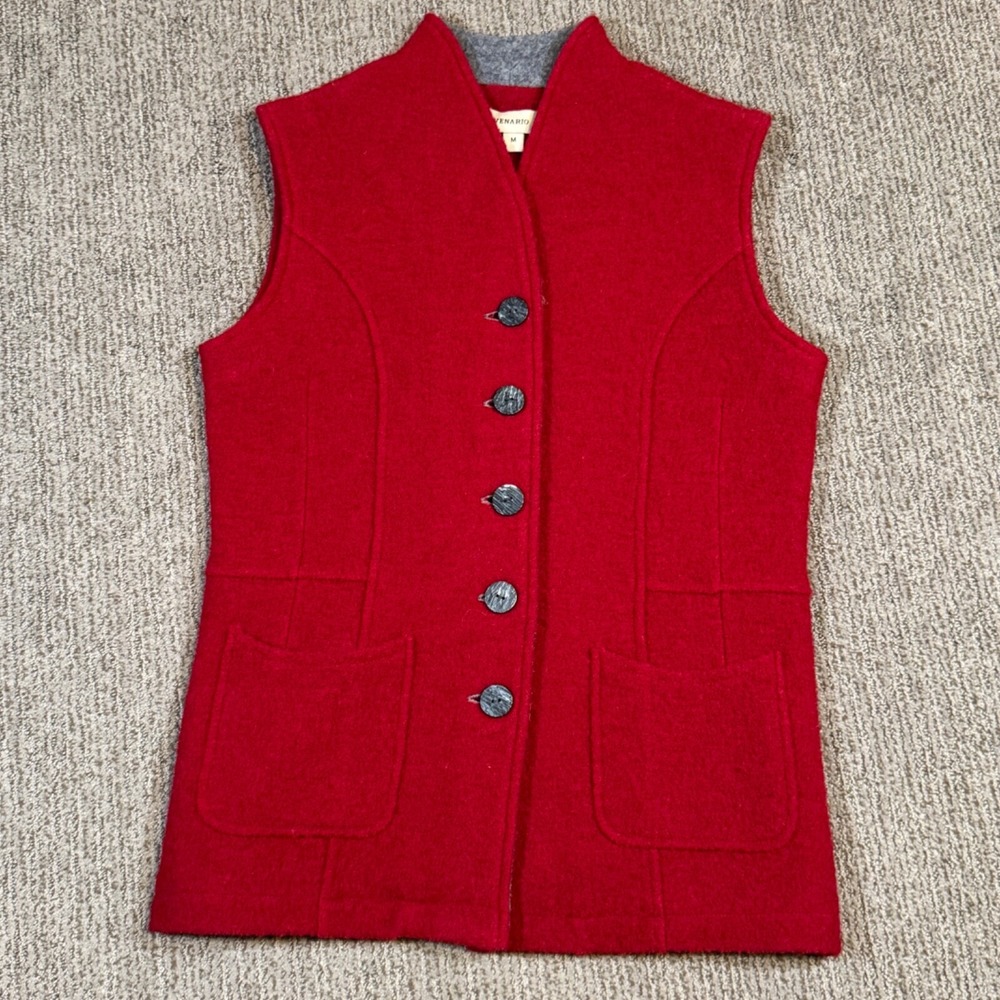 Venario Womens M Boiled Wool Vest Button Up Collarless Red Equestrian Country